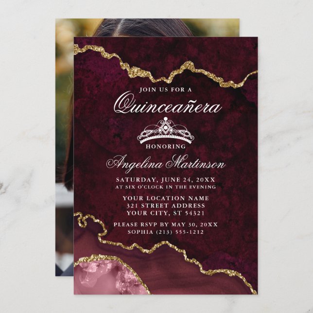 Quinceanera Rose Gold Marble Agate Geode Photo Invitation (Front/Back)