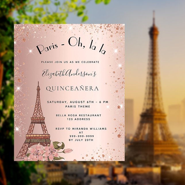 Quinceanera rose gold Paris budget invitation Flyer (Creator Uploaded)