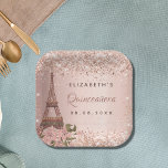 Quinceanera rose gold Paris Eiffel Tower Paper Plate<br><div class="desc">For an elegant,  classic,  glamourous and girly style Quinceañera,  15th birthday party. A rose gold gradient background,  decorated with the Eiffel Tower,  Paris.  Personalise and add a name and a date.</div>