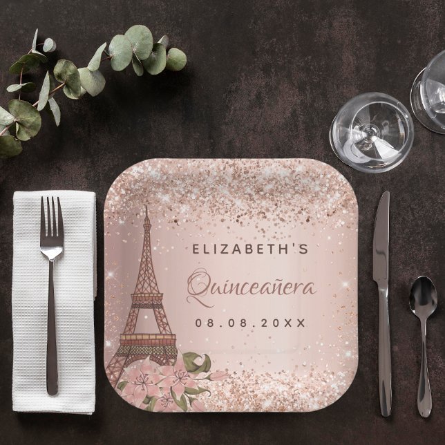 Quinceanera rose gold Paris Eiffel Tower Paper Plate (Creator Uploaded)