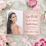 Quinceanera rose gold photo script save the date<br><div class="desc">A modern and elegant Save the Date for a Quinceañera. Rose gold gradient background,  decorated with rose gold confetti. Personalise and add a photo,  date and name. The text: Save the Date is written with a trendy hand lettered style script.</div>