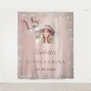 Quinceanera rose gold photo silver glitter tapestry