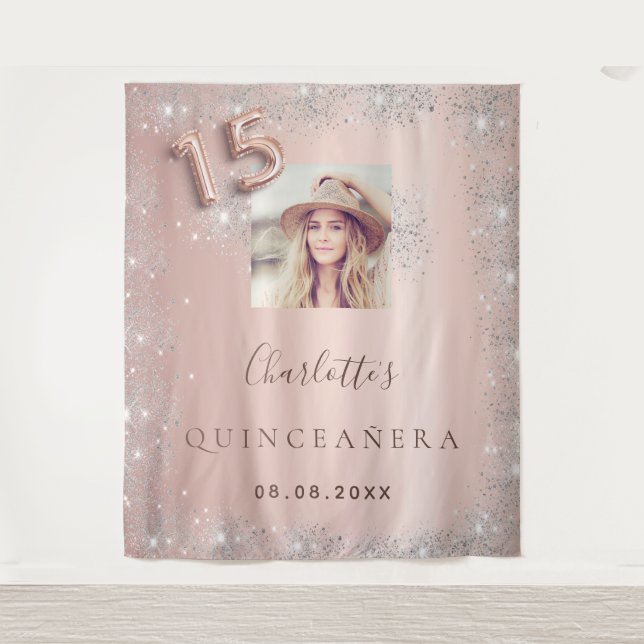 Quinceanera rose gold photo silver glitter tapestry (Front)