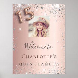 Quinceanera rose gold photo silver glitter welcome poster