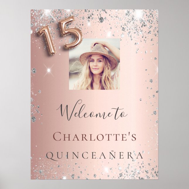 Quinceanera rose gold photo silver glitter welcome poster (Front)