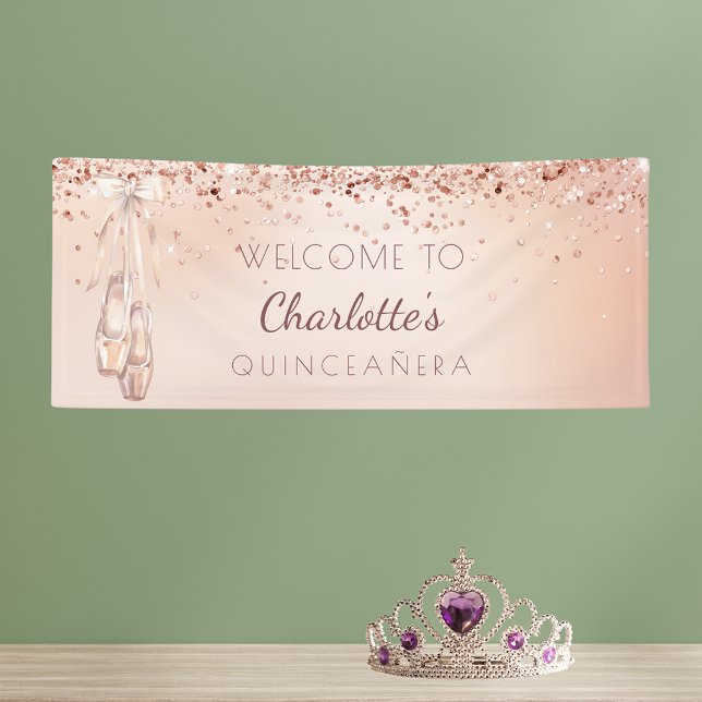 Quinceanera rose gold pink ballerina shoes welcome banner (Creator Uploaded)