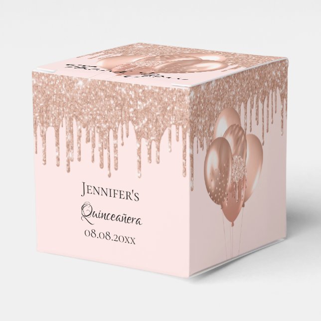 Quinceanera rose gold pink balloons favour box (Front Side)