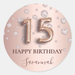 Quinceanera rose gold pink diamonds balloon font classic round sticker