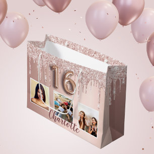 Quinceanera rose gold pink drips photo monogram large gift bag