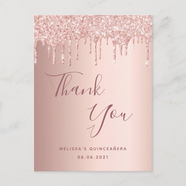 Quinceanera rose gold pink drips thank you postcard (Front)