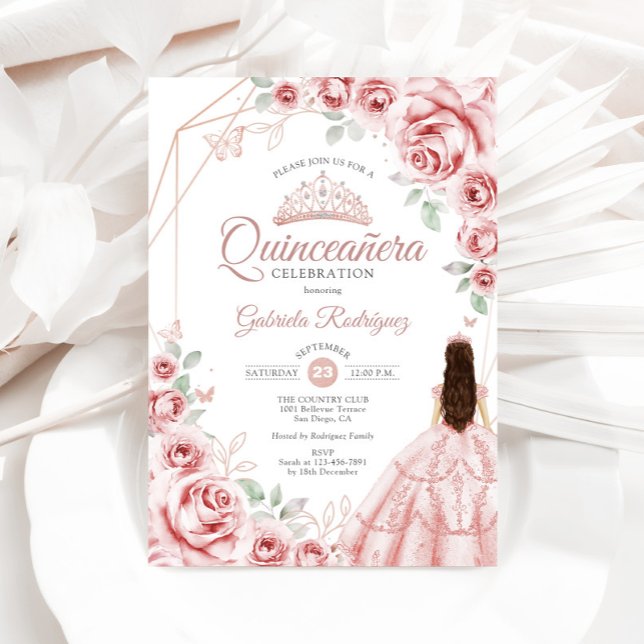 Quinceanera Rose Gold Pink Floral Dress Invitation (Creator Uploaded)