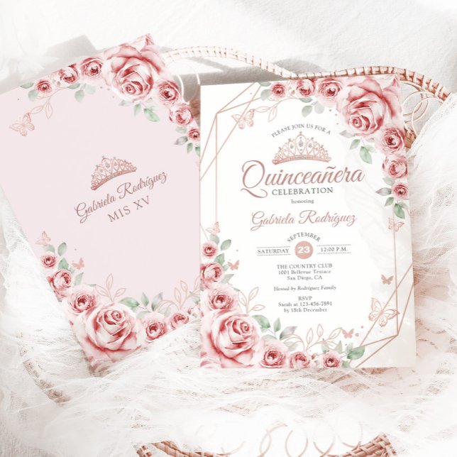 Quinceanera Rose Gold Pink Floral Invitation (Creator Uploaded)