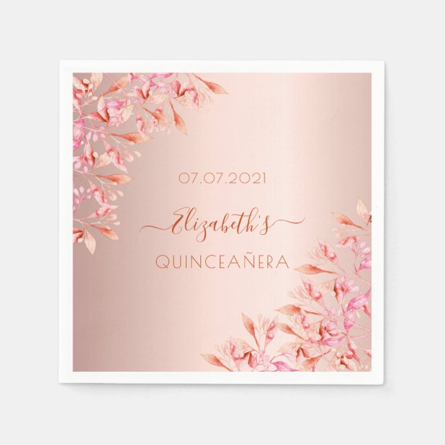 Quinceanera rose gold pink florals botanical napkin (Front)