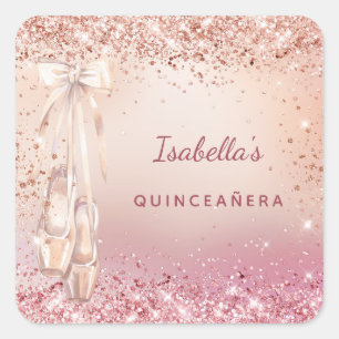 Quinceanera rose gold pink glitter ballerina square sticker