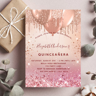 Quinceanera rose gold pink glitter balloons glam invitation