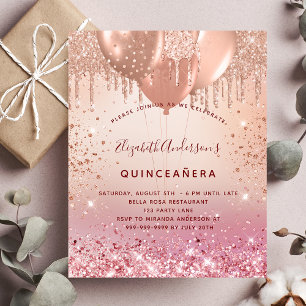 Quinceanera rose gold pink glitter balloons glam invitation postcard