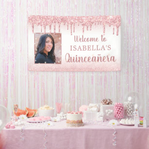 Quinceanera Rose Gold Pink Glitter Drip Photo Banner