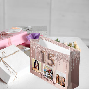 Quinceanera rose gold pink glitter photo monogram large gift bag