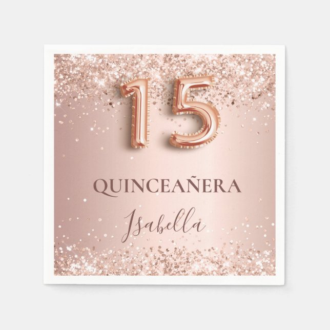 Quinceanera rose gold pink name elegant napkin (Front)