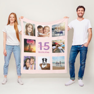 Quinceanera rose gold pink photo collage name fleece blanket
