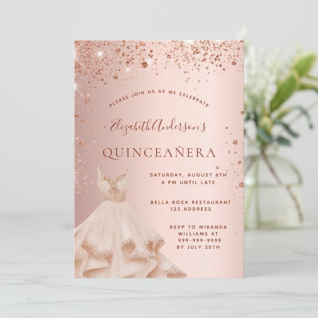 Quinceanera rose gold pink sparkles dress invitation (Standing Front)