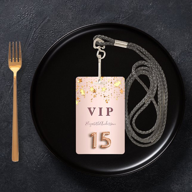 Quinceanera rose gold pink sparkling stars golden ID badge (Creator Uploaded)