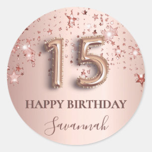 Quinceanera rose gold pink stars balloon font classic round sticker
