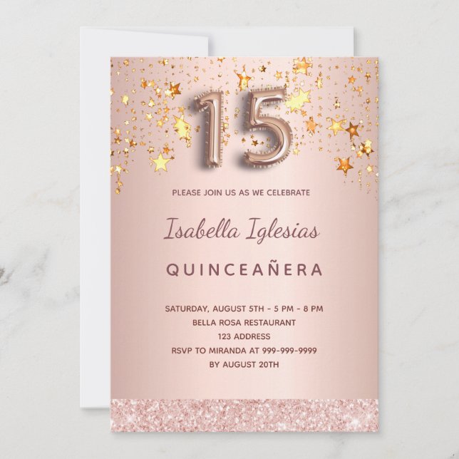 Quinceanera rose gold pink stars balloon script invitation (Front)