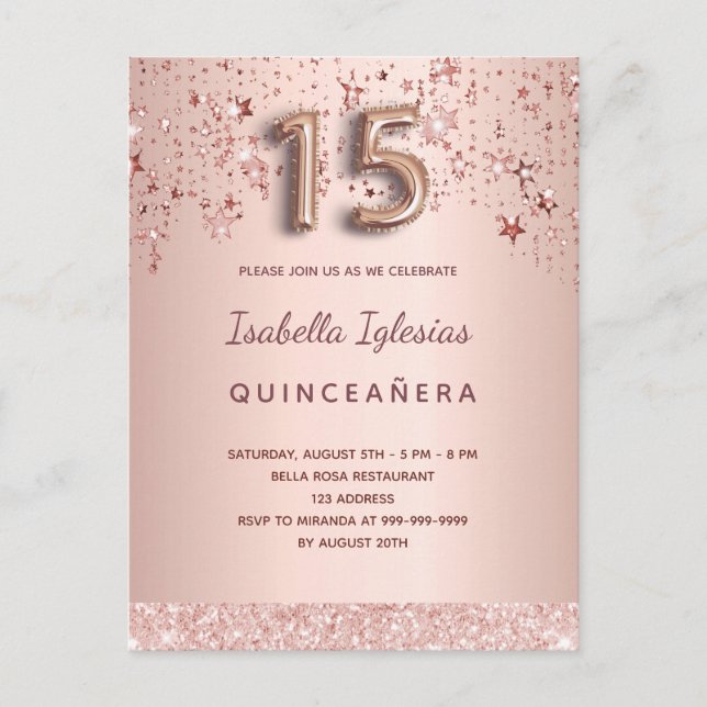Quinceanera rose gold pink stars balloon script postcard (Front)