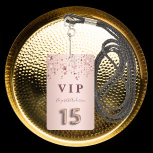 Quinceanera rose gold pink stars party ID badge