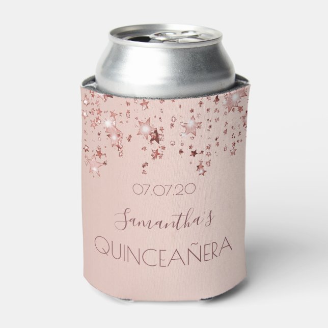 Quinceanera rose gold shiny stars glittery can cooler (Can Front)
