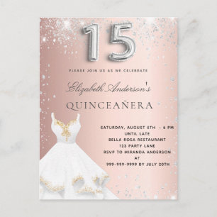 Quinceanera rose gold silver dress sparkles invitation postcard