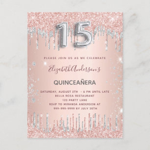 Quinceanera rose gold silver drips invitation postcard