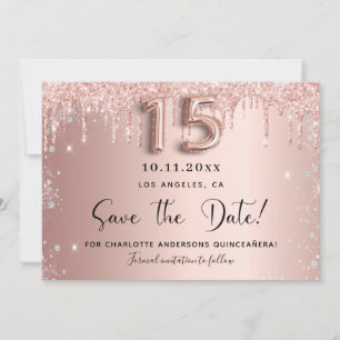 Quinceanera rose gold silver glitter save the date