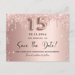 Quinceanera rose gold silver glitter save the date announcement postcard