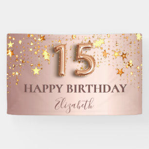 Quinceanera rose gold stars pink balloon script banner