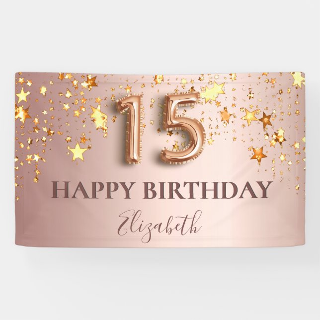 Quinceanera rose gold stars pink balloon script banner (Horizontal)