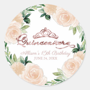 Quinceanera Rose Gold Tiara Blush Pink Floral Classic Round Sticker