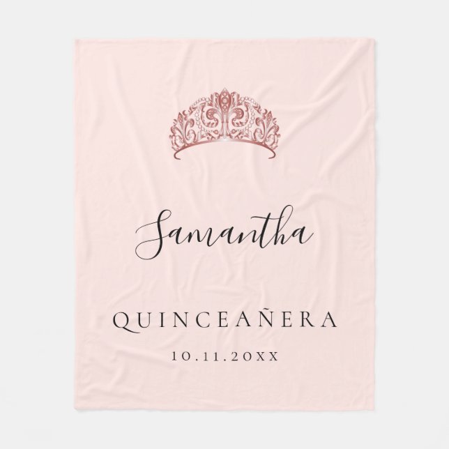 Quinceanera rose gold tiara crown name fleece blanket (Front)