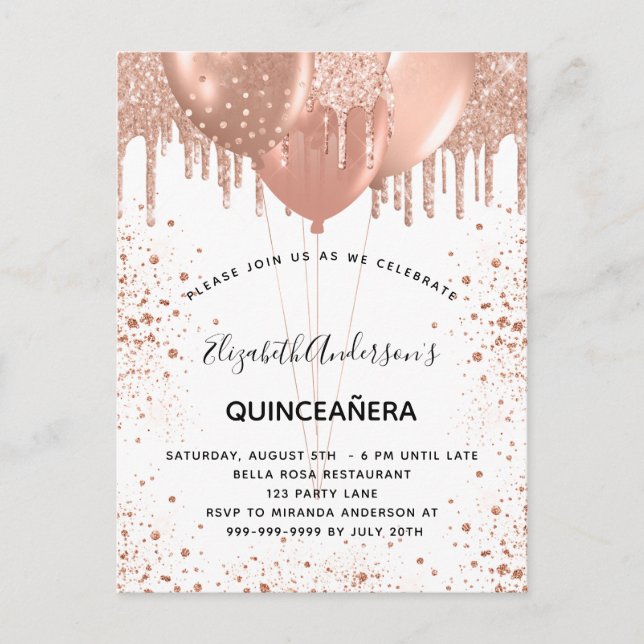 Quinceanera rose gold white balloons  invitation postcard (Front)