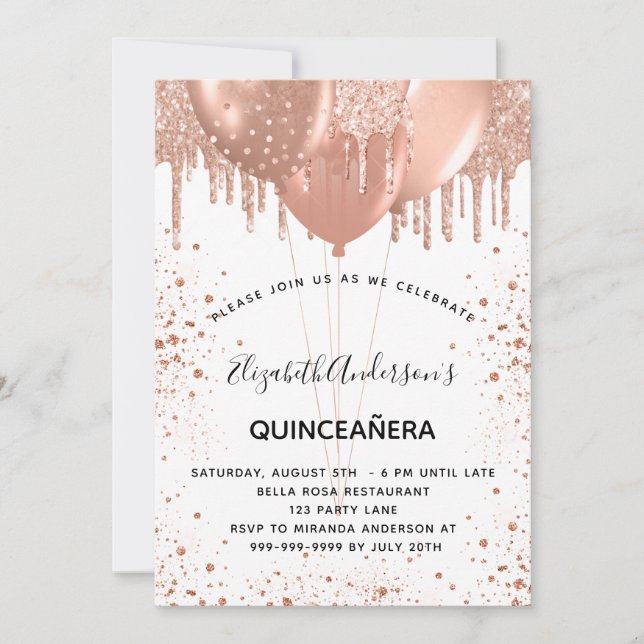 Quinceanera rose gold white glitter balloons invitation (Front)