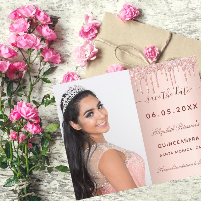 Quinceanera rose photo QR Save the Date card (Creator Uploaded)