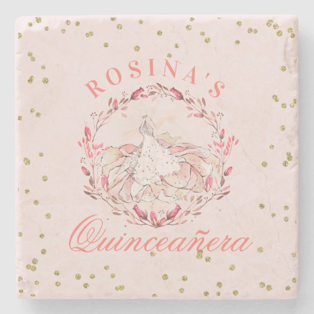 Quinceañera Rose Pink Celebration Favours Stone Coaster (Front)