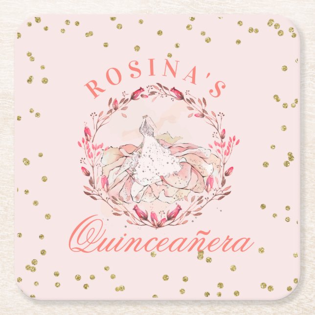 Quinceañera Rose Pink Celebration Square Paper Coaster (Front)