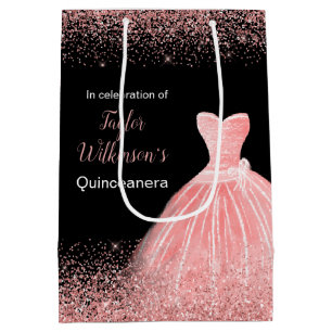 Quinceanera Rose Pink Dress Faux Glitter Medium Gift Bag