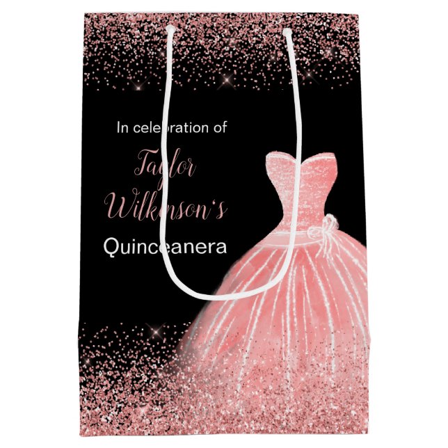 Quinceanera Rose Pink Dress Faux Glitter Medium Gift Bag (Back)