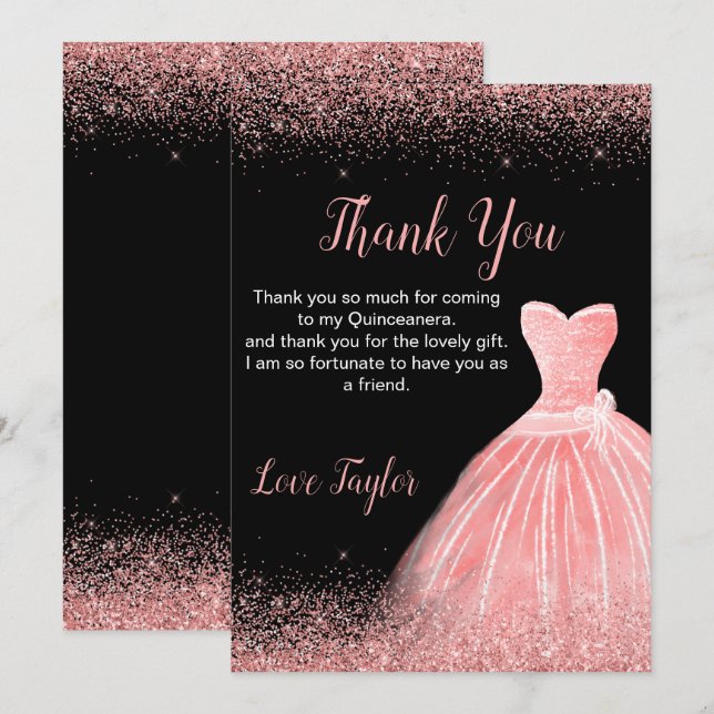 Quinceanera Rose Pink Dress Faux Glitter Thank You Card (Front/Back)