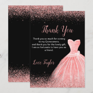 Quinceanera Rose Pink Dress Faux Glitter Thank You Card