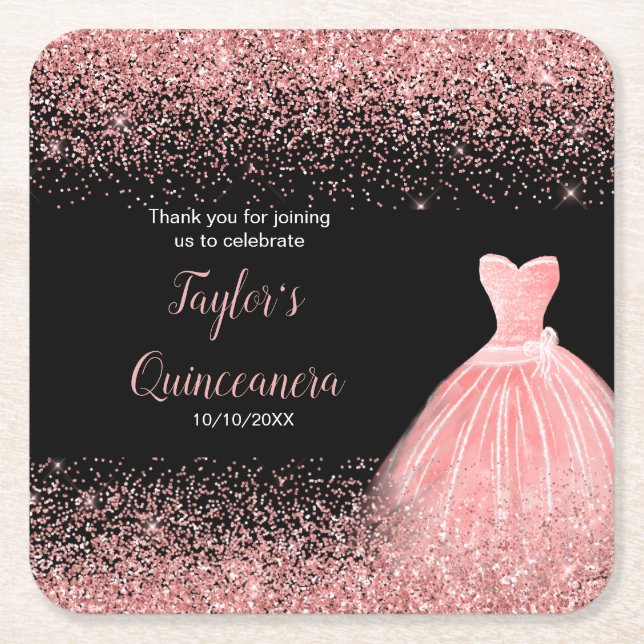 Quinceanera Rose Pink Faux Glitter Birthday Party Square Paper Coaster (Front)