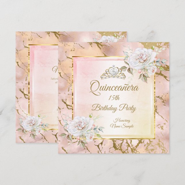 Quinceanera Rose Pink Gold Birthday Party Invite 2 (Front/Back)